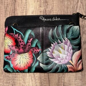 Anuschka Hand Painted Leather Crossbody Clutch Floral Tropical Boho Art